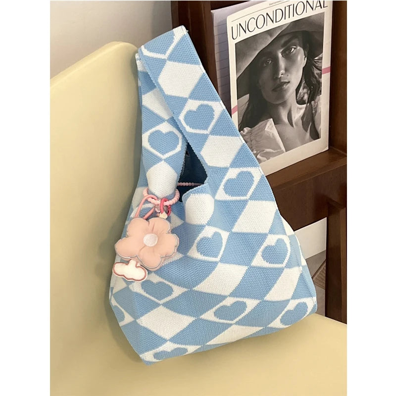 Knitted Heart Checker Tote